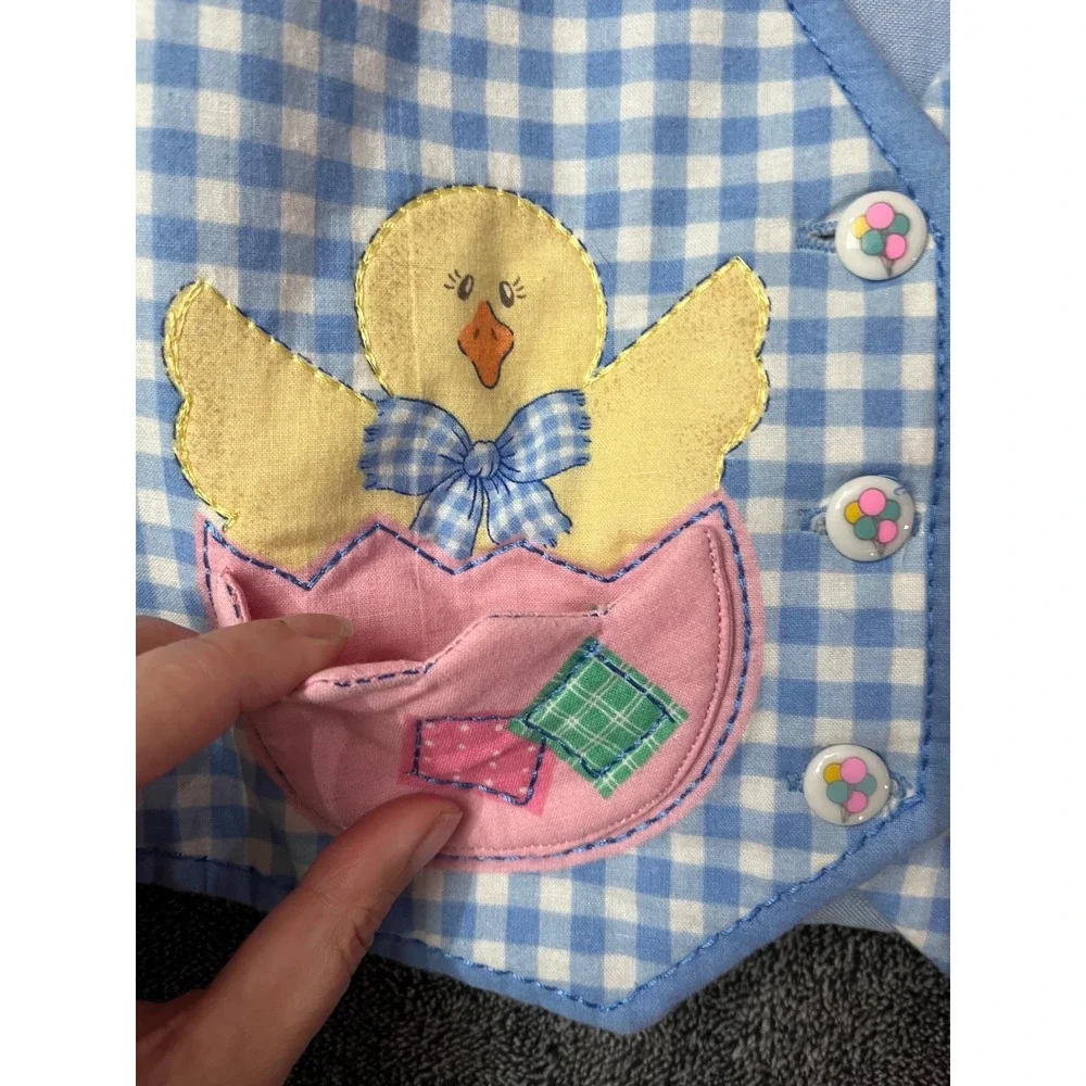 Vintage Handmade Easter Bunny Chick Patchwork Vest Blue Gingham Pink Kids Spring